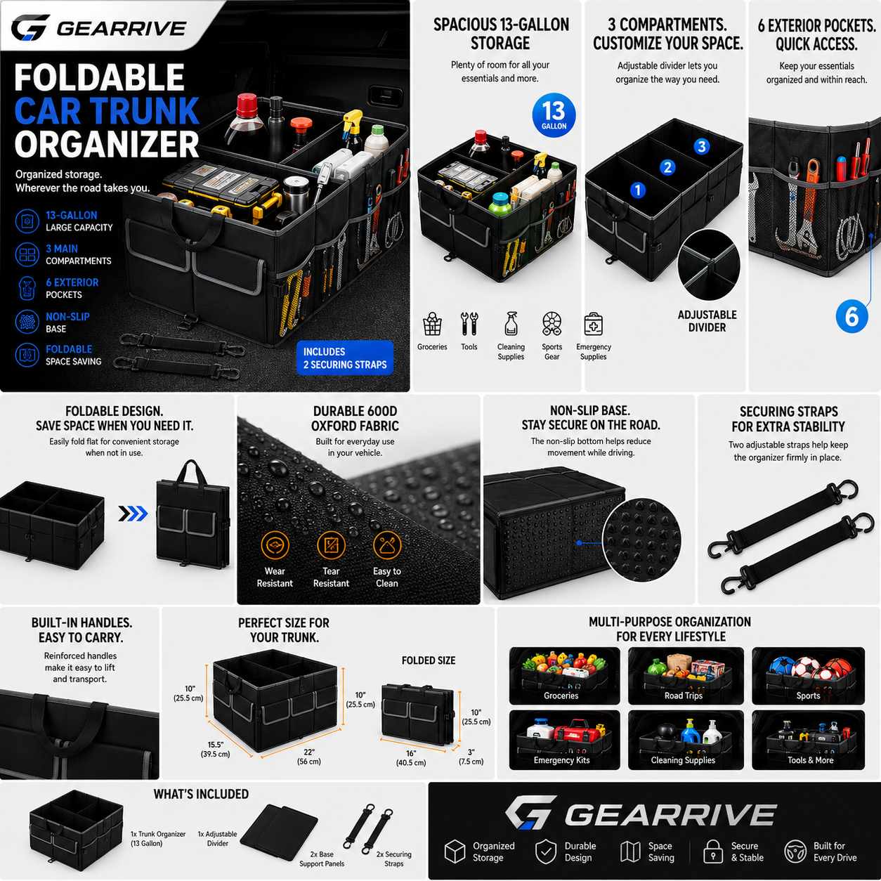 GEARRIVE foldable car trunk organizer