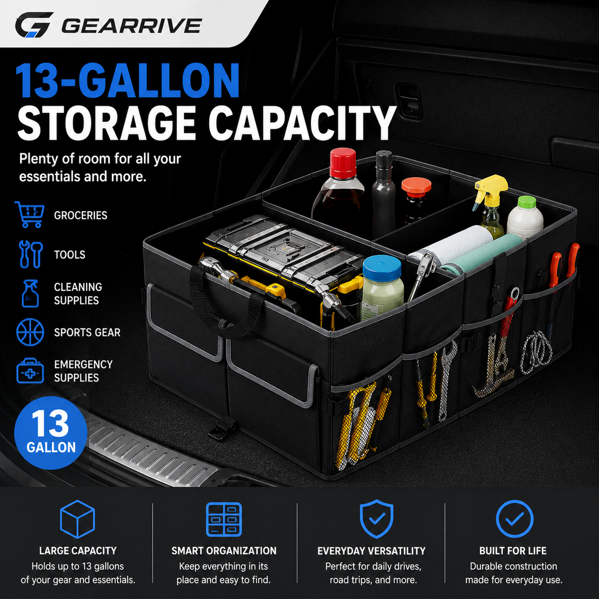 GEARRIVE 13-gallon car trunk organizer with compartments for groceries, tools, cleaning supplies and emergency gear
