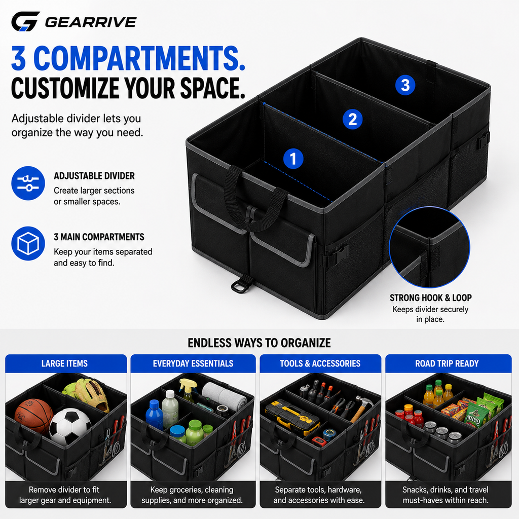 GEARRIVE car trunk organizer with 3 adjustable compartments for groceries, tools, sports gear and road trip essentials