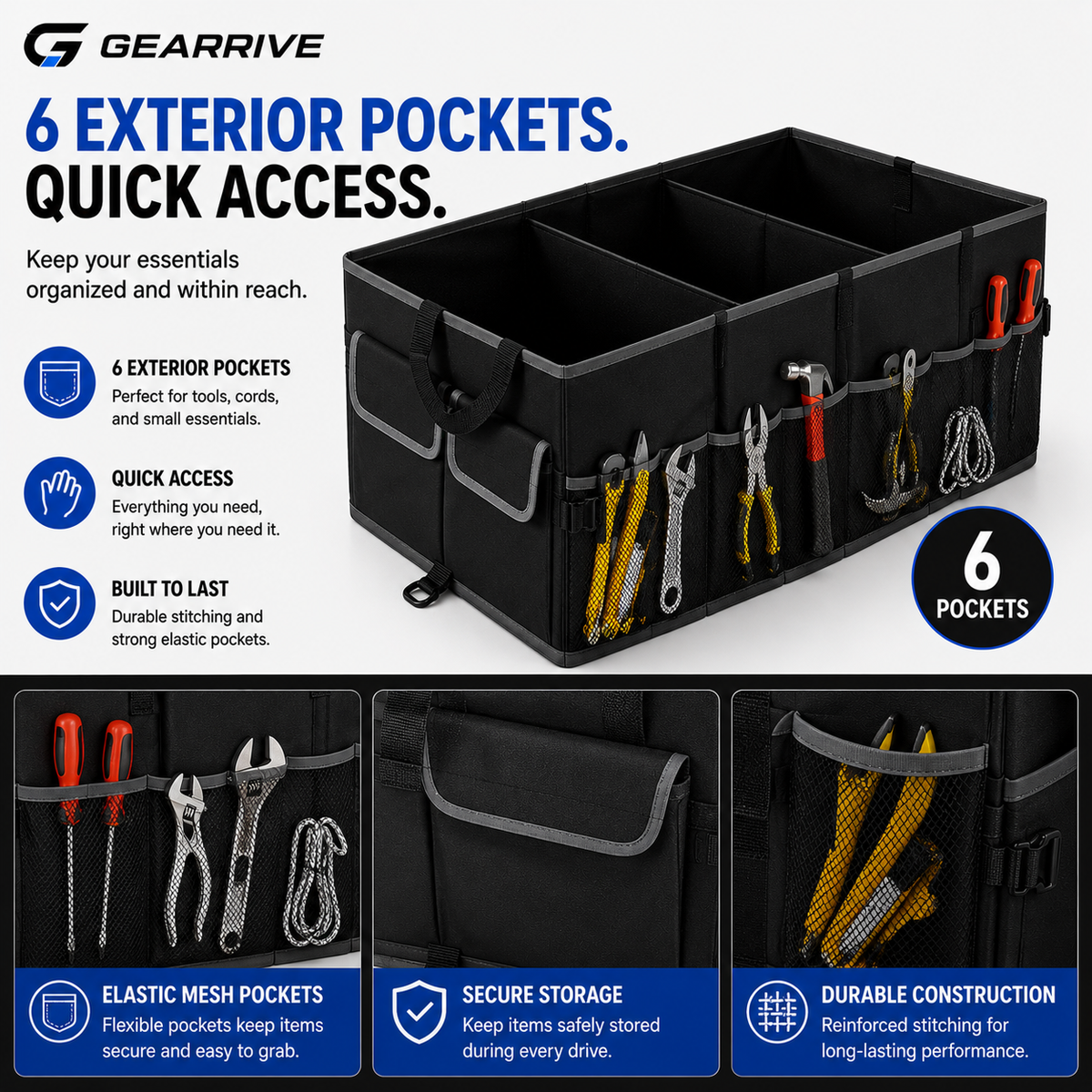 GEARRIVE car trunk organizer with 6 exterior pockets for quick access to tools, cords and everyday essentials
