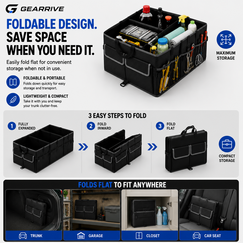 GEARRIVE foldable car trunk organizer with compact design for easy storage in the trunk, garage, closet or car seat