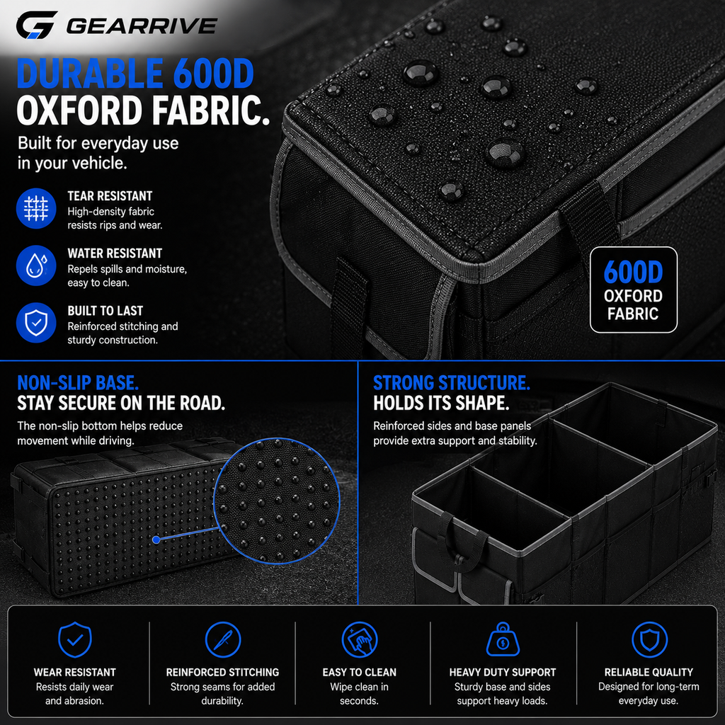 GEARRIVE car trunk organizer made with durable 600D Oxford fabric, water-resistant material, non-slip base and reinforced structure