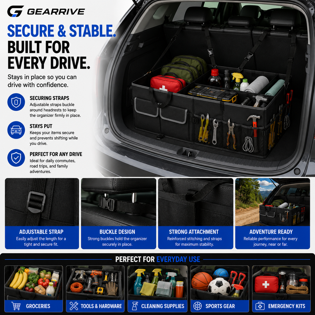 GEARRIVE car trunk organizer made with durable 600D Oxford fabric, water-resistant material, non-slip base and reinforced structure