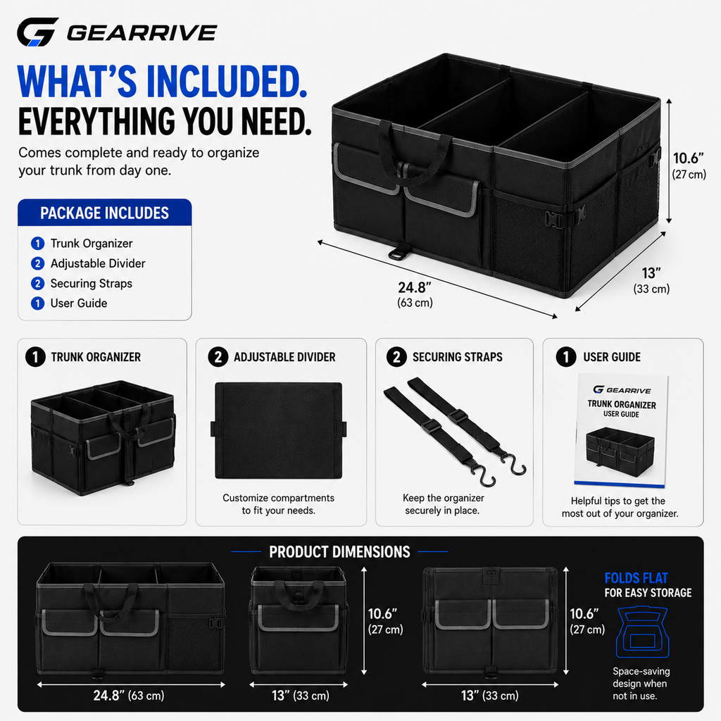 GEARRIVE foldable car trunk organizer with adjustable divider, securing straps and product dimensions 24.8 x 13 x 10.6 inches
