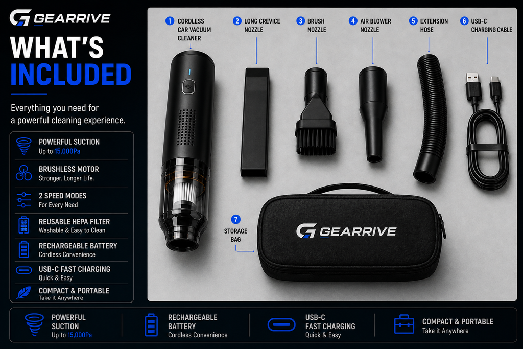 GEARRIVE cordless car vacuum cleaner with nozzles, extension hose, USB-C charging cable and storage bag