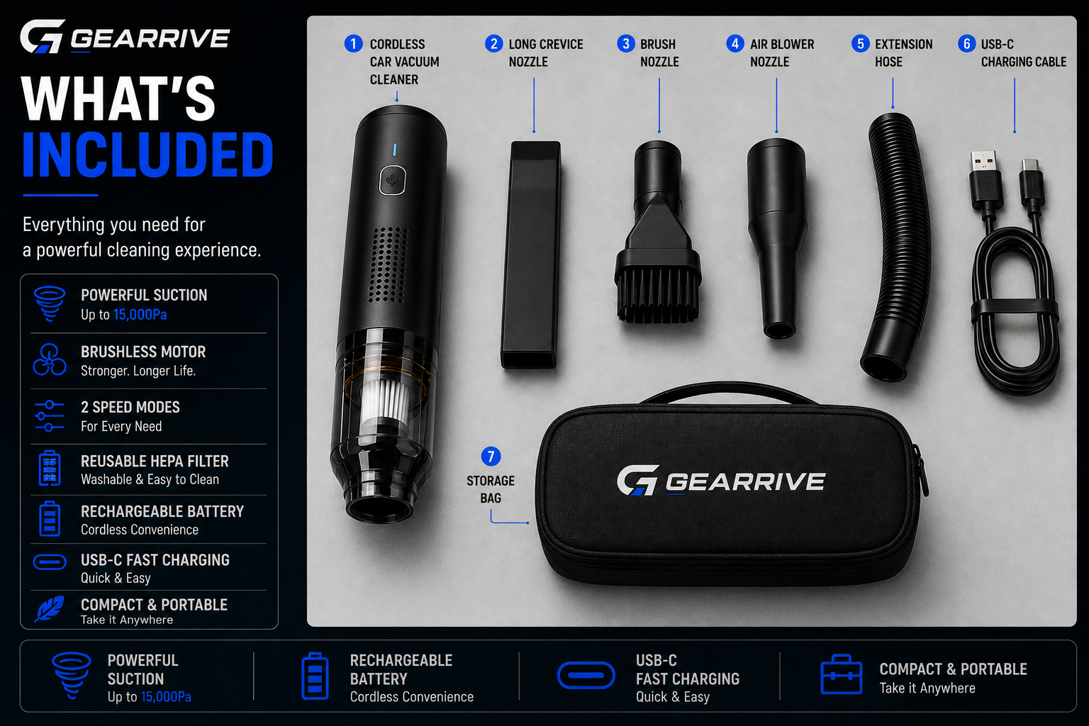 GEARRIVE cordless car vacuum cleaner with nozzles, extension hose, USB-C charging cable and storage bag