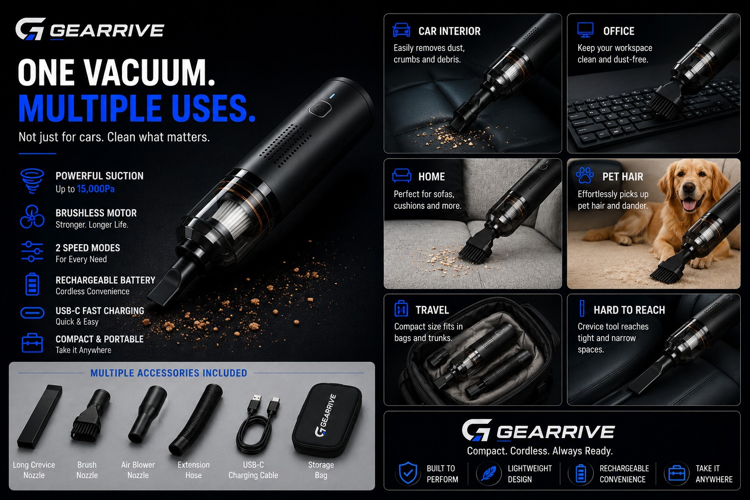 GEARRIVE cordless car vacuum for cleaning car interiors, offices, homes, pet hair and hard-to-reach spaces