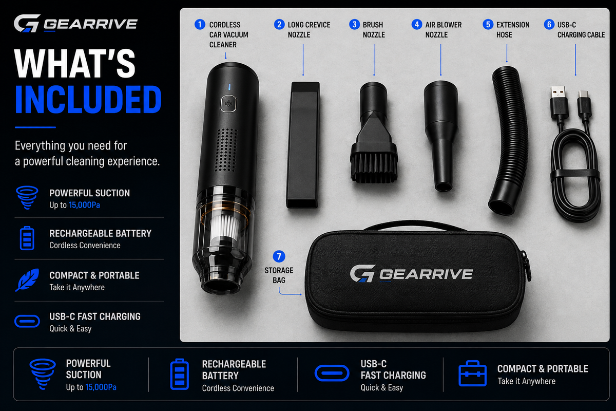 GEARRIVE cordless car vacuum cleaner kit with crevice nozzle, brush nozzle, air blower nozzle, extension hose, USB-C cable and storage bag