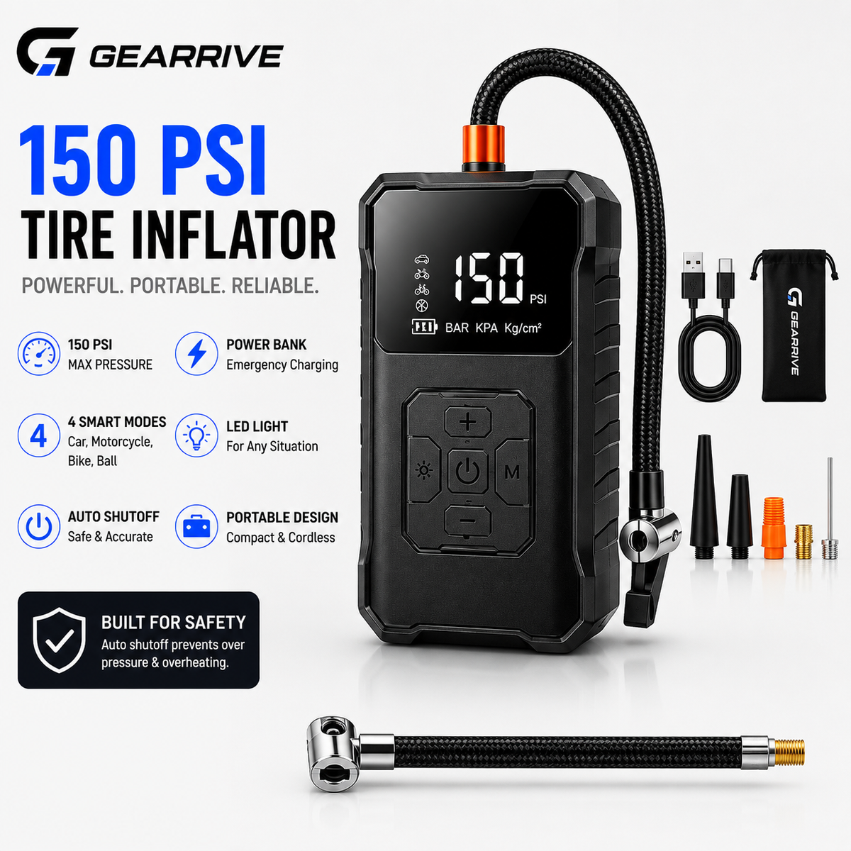 GEARRIVE 150 PSI cordless tire inflator with digital pressure display