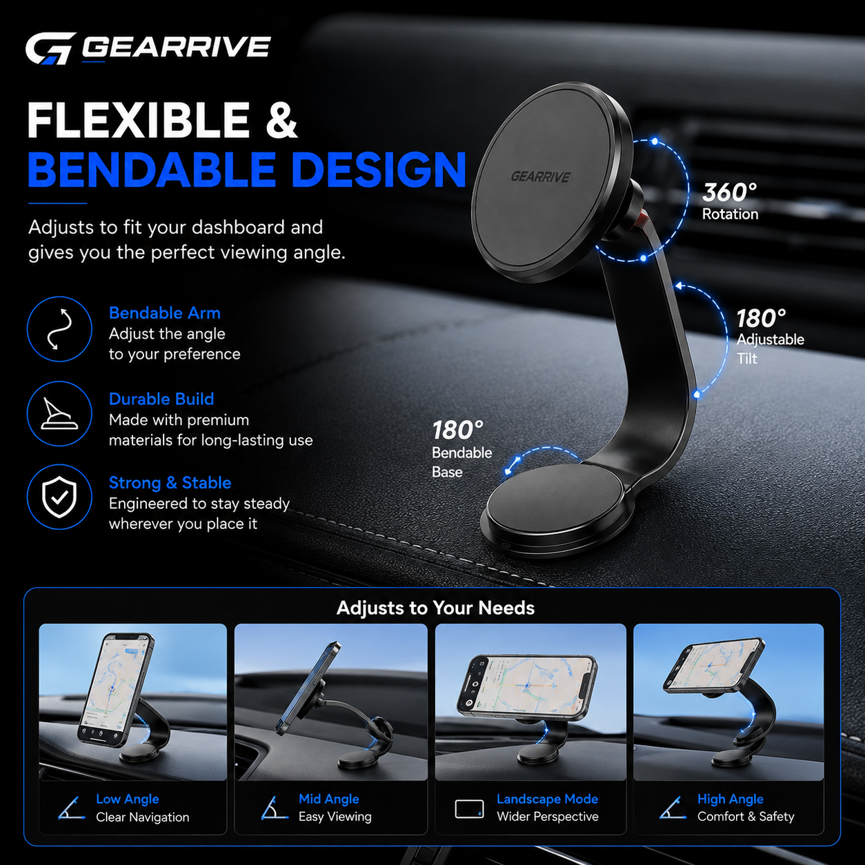 GEARRIVE 360 degree magnetic car phone mount with flexible bendable arm and adjustable viewing angles