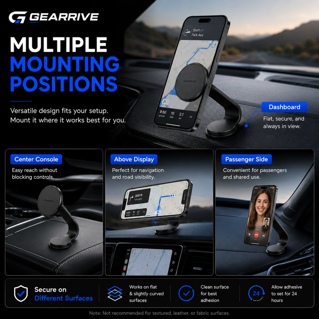 GEARRIVE magnetic car phone mount with multiple mounting positions for dashboard, center console and passenger side