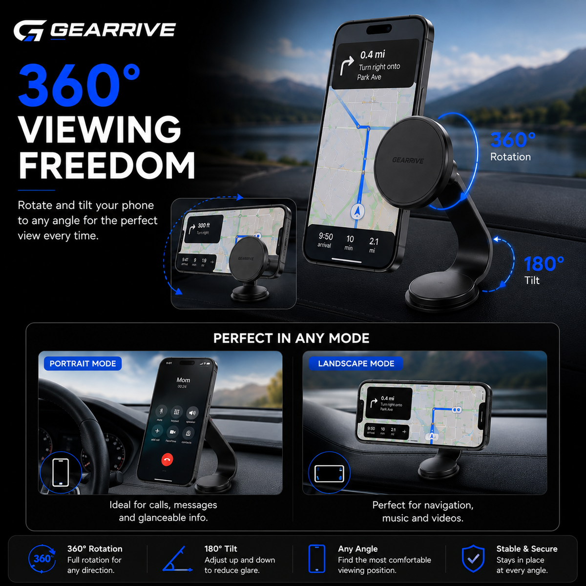 GEARRIVE magnetic car phone mount with 360 degree rotation and adjustable portrait and landscape viewing angles