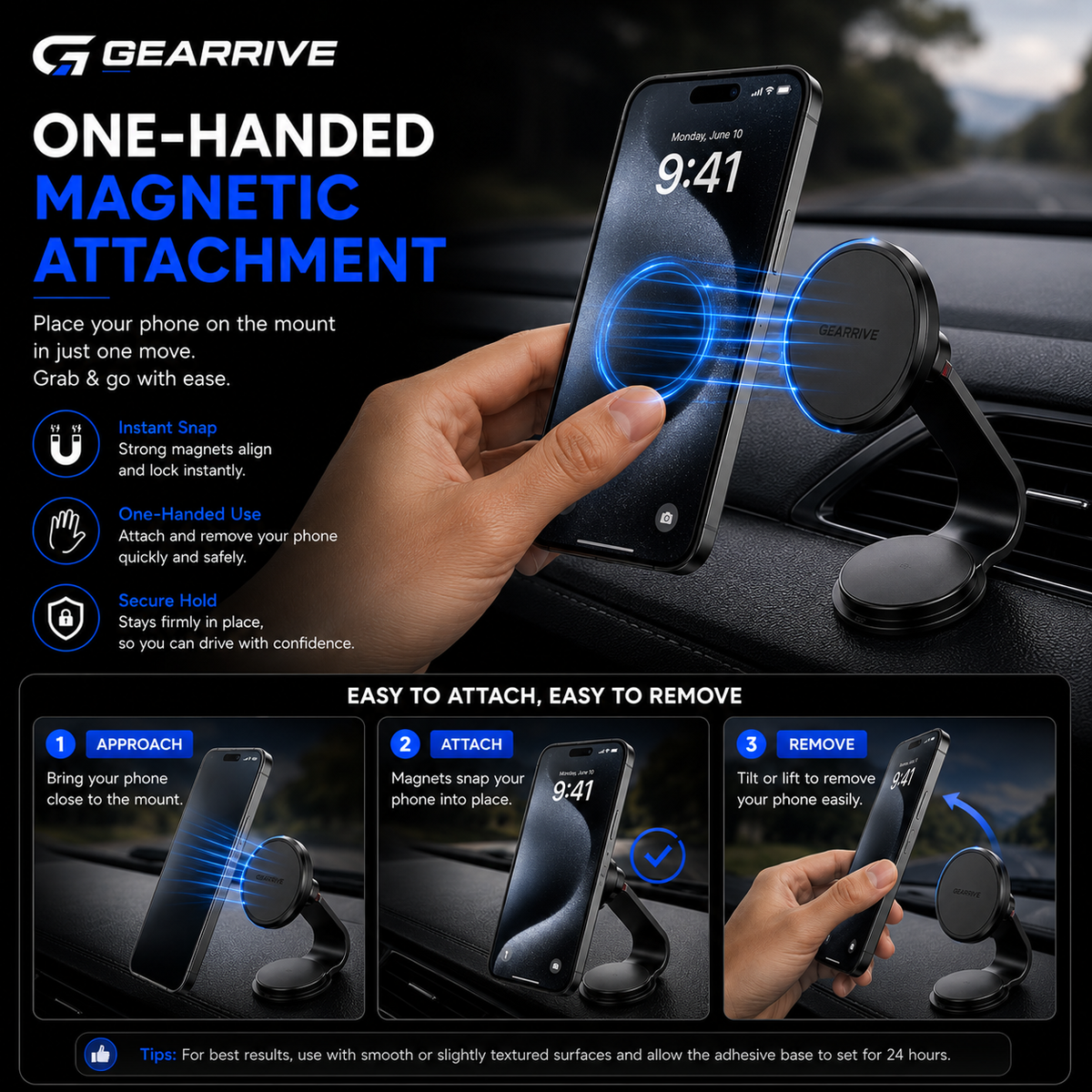 GEARRIVE magnetic car phone mount with one-handed attachment for quick and secure phone mounting while driving