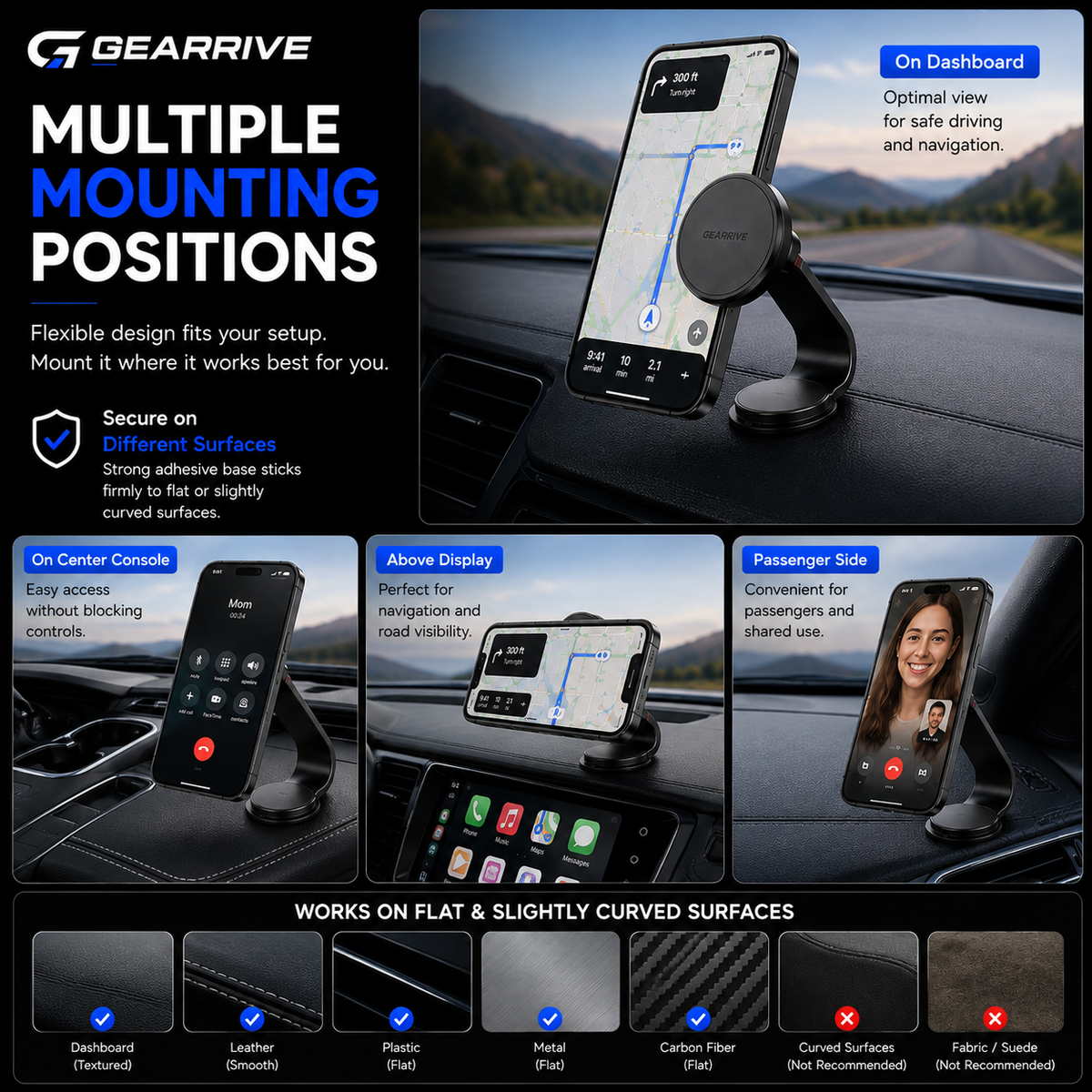 GEARRIVE magnetic car phone mount with multiple mounting positions for dashboard, center console and passenger side