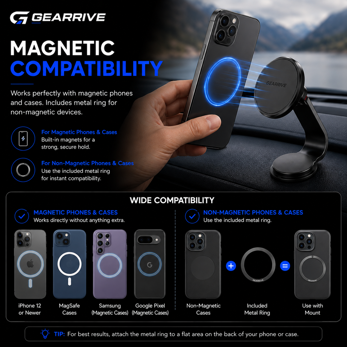 GEARRIVE magnetic car phone mount compatible with magnetic phones, MagSafe cases and non-magnetic phones using the included metal ring