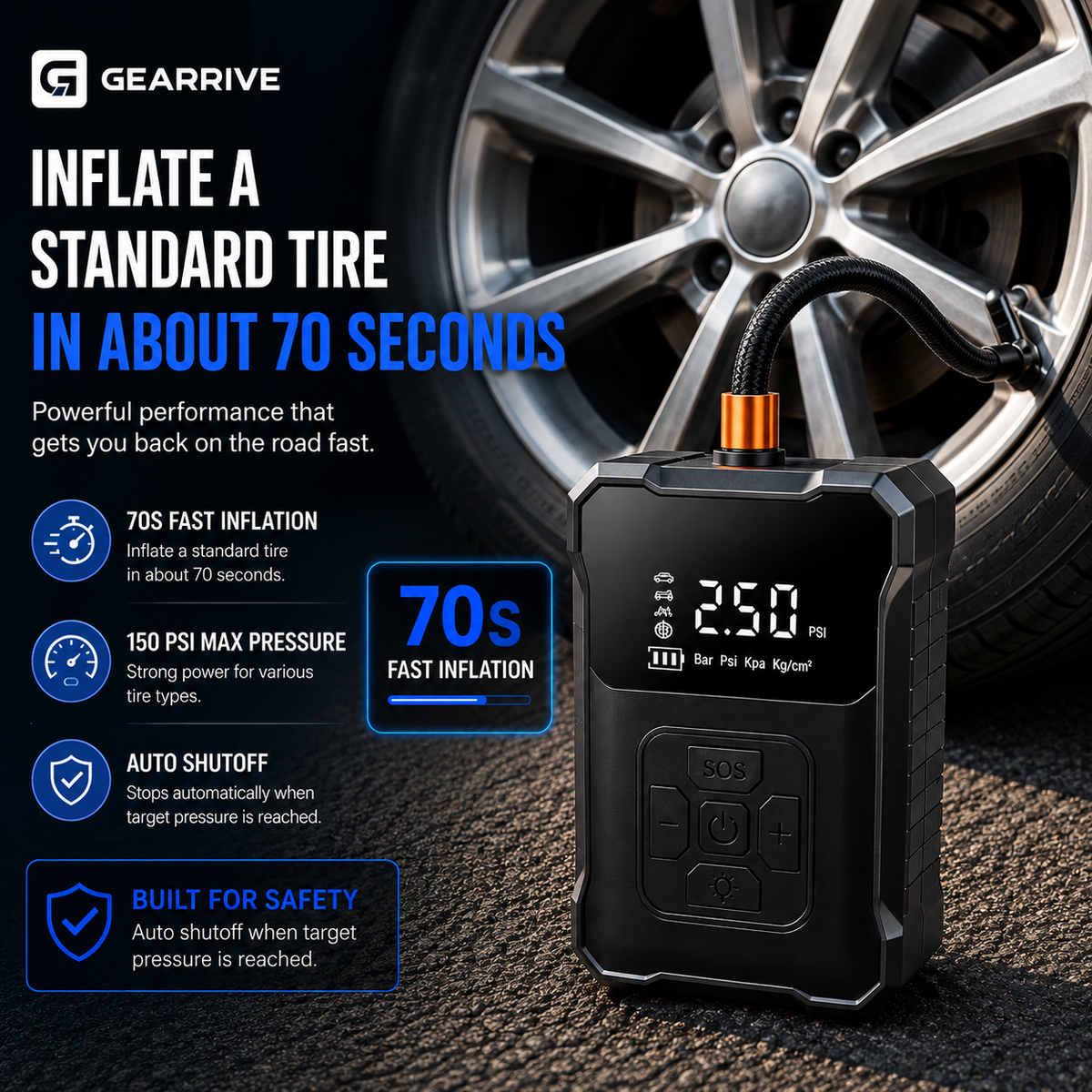 GEARRIVE 150 PSI cordless tire inflator inflating a car tire