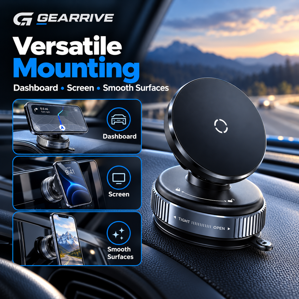 GEARRIVE Magnetic Vacuum Suction Car Phone Mount - Black