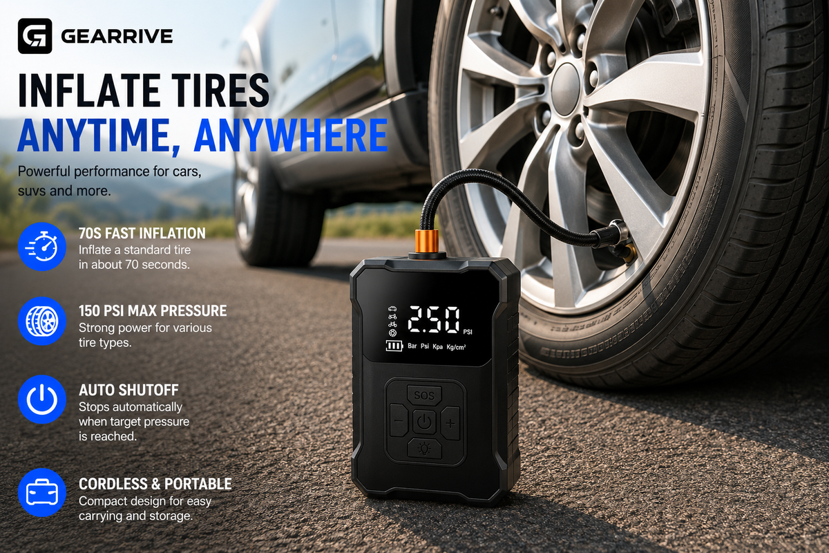 GEARRIVE cordless tire inflator connected to a car tire