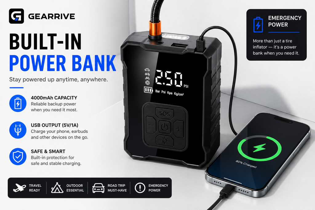 GEARRIVE 150 PSI cordless tire inflator with built-in power bank charging a smartphone