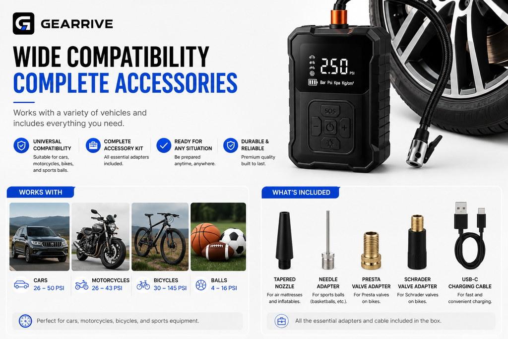 GEARRIVE 150 PSI cordless tire inflator with accessories for cars, motorcycles, bicycles and sports balls