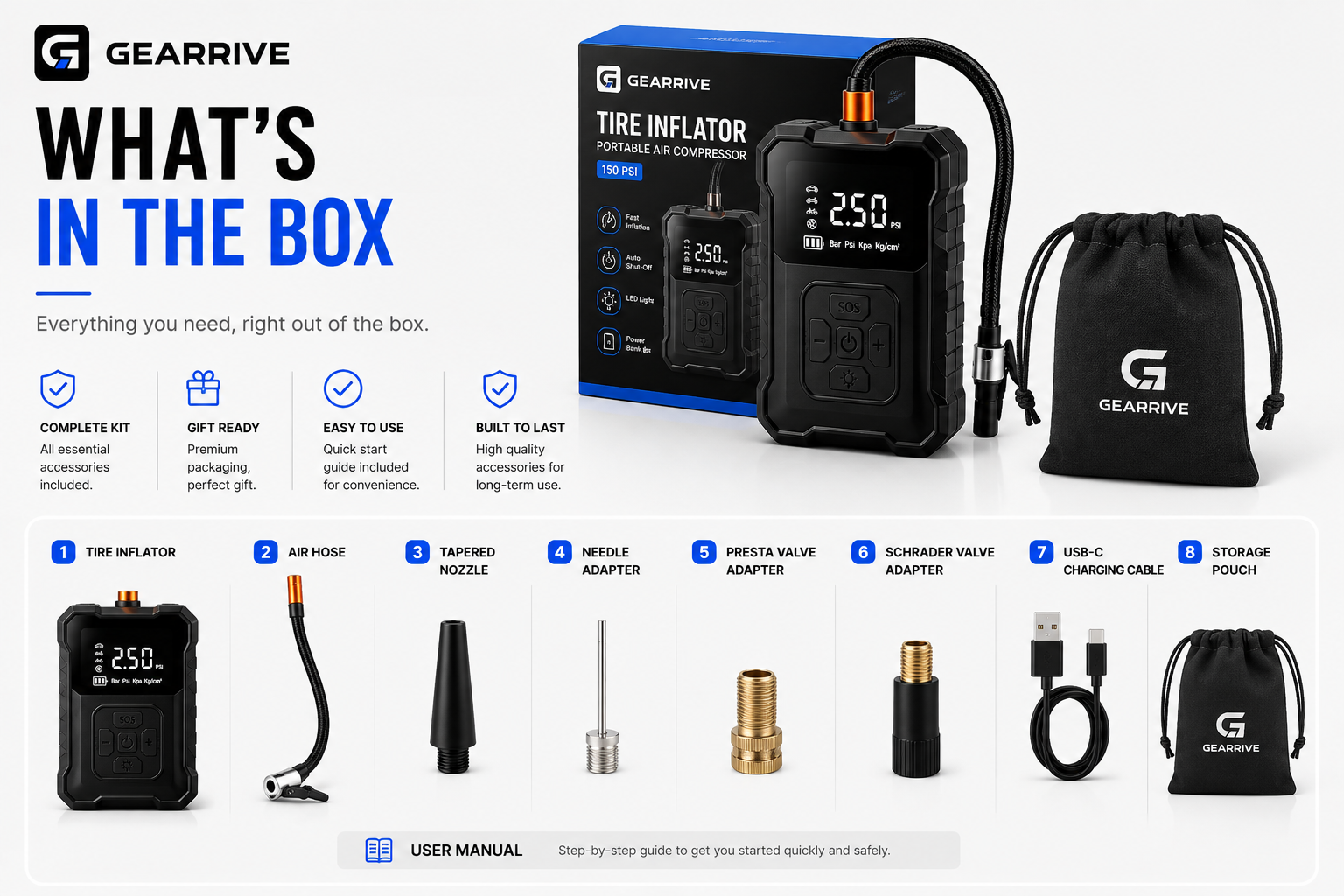 GEARRIVE 150 PSI cordless tire inflator kit with air hose, valve adapters, USB-C cable and storage pouch